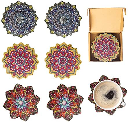 Poháralátétek Italok Készlet 6 Non-Slip - Mandala Bohém Design, Dekoratív Fa Poháralátét, Bár Bögrék, Alátétek Kávézó
